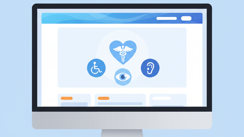 Ilustración de accesibilidad web para consultas médicas con iconos inclusivos