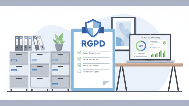 Consulta médica preparada para una auditoría de protección de datos con checklist de cumplimiento RGPD