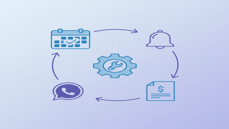 Diagrama de procesos automatizados en una consulta médica: agenda, recordatorios, facturación y comunicación con pacientes
