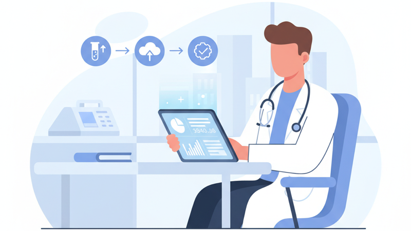 Profesional de la salud revisando resultados de laboratorio automatizados en una tablet con flujo de alertas y notificaciones