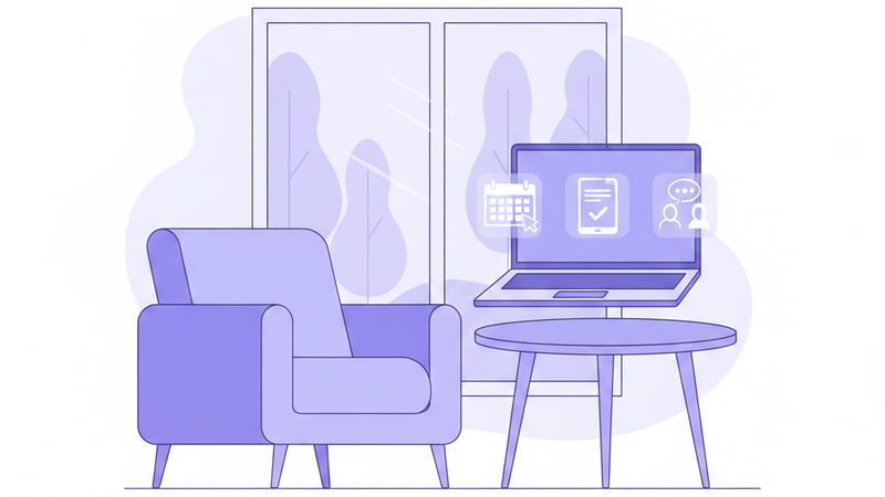 Ilustración de una consulta de psicología con herramientas digitales: agenda online, consentimiento digital y videoconsulta