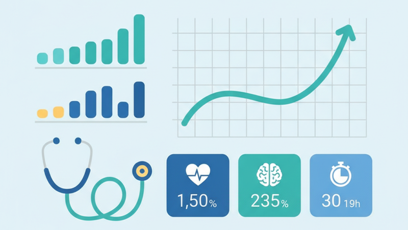 Ilustración de dashboard con benchmarks y KPIs de consultas médicas