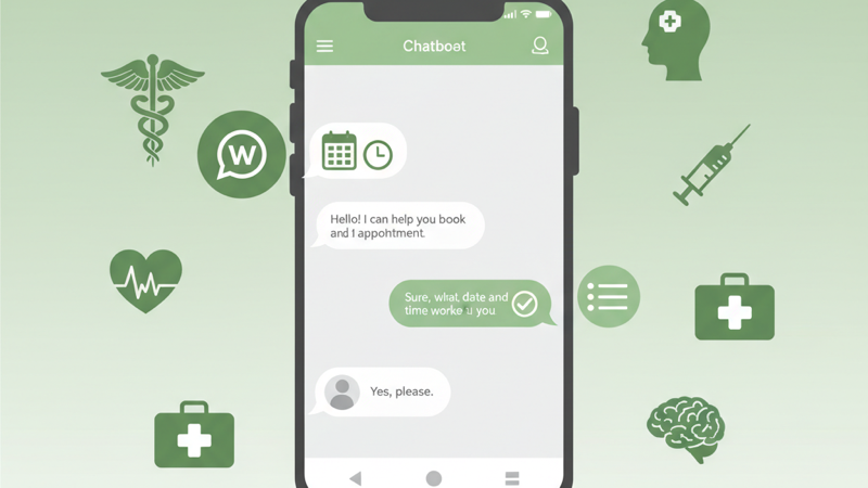 Smartphone mostrando un chatbot de WhatsApp ayudando a un paciente a reservar una cita en una consulta médica