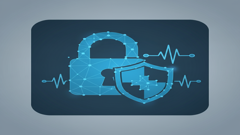 Ilustración de ciberseguridad sanitaria con escudo y candado digital protegiendo datos médicos