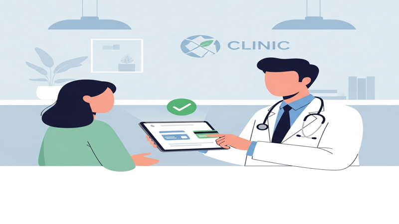 Profesional de la salud procesando un pago digital en su tableta con un paciente en la consulta, mostrando un icono de tarjeta de crédito y confirmación de pago