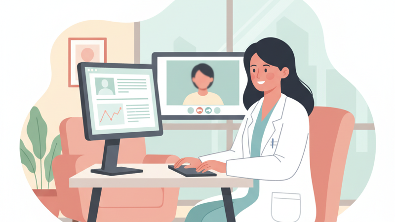 Ilustración de un profesional de la salud gestionando su consulta médica desde un despacho en casa con doble monitor