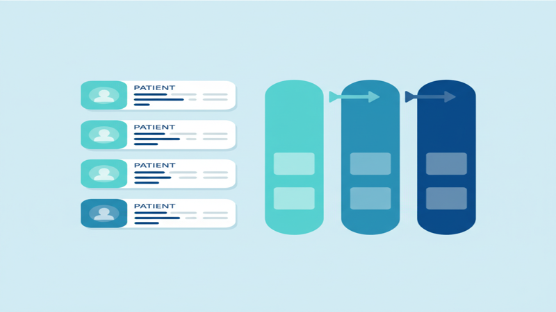Ilustración de CRM para consulta médica con fichas de pacientes y etapas de seguimiento