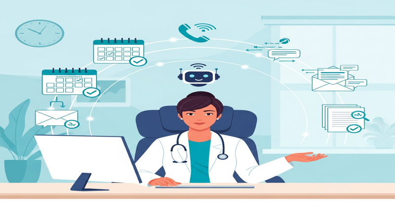 Profesional de la salud en su consulta mientras iconos digitales de calendario, teléfono y documentos flotan alrededor gestionados por un asistente virtual