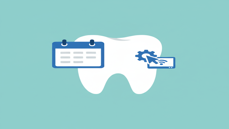 Ilustración de gestión digital de clínica dental con icono de diente, calendario y herramientas digitales