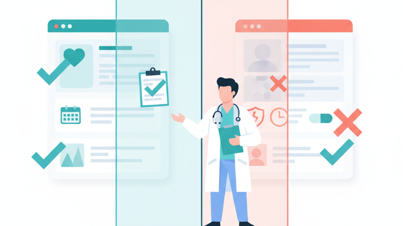 Ilustración de dos plataformas médicas comparadas lado a lado con un médico eligiendo entre opciones