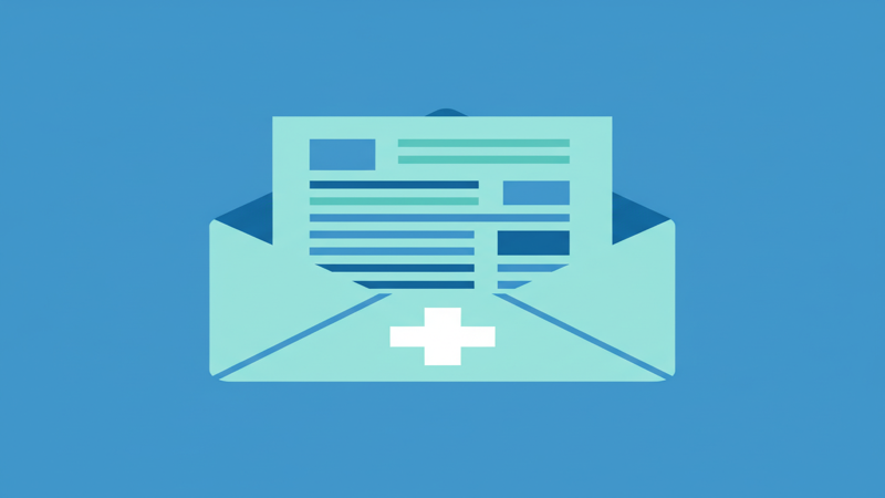 Ilustración de email marketing sanitario con sobre, cruz médica y newsletter