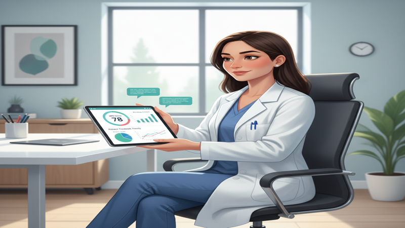 Profesional de la salud revisando en una tablet los resultados de encuestas de satisfacción de pacientes con gráficos de NPS y comentarios