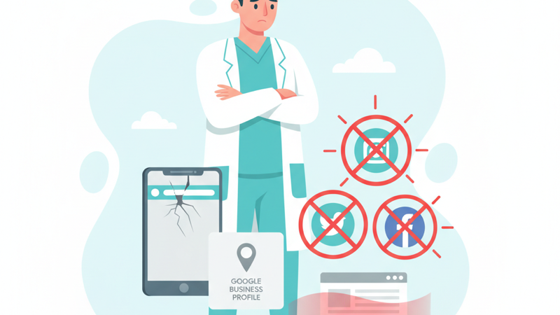 Ilustración de un médico frustrado mirando su presencia online rota: pantalla rota, perfil de Google vacío, redes sociales con señales de advertencia