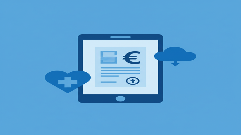 Ilustración de facturación electrónica sanitaria con factura digital y símbolo del euro