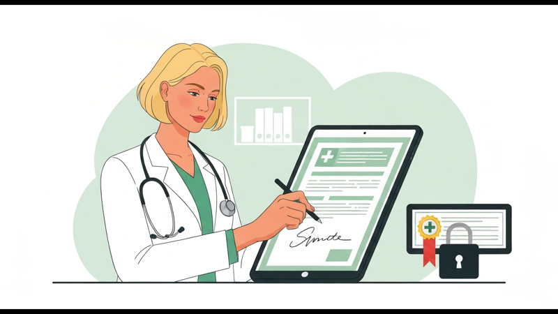 Médico firmando un documento médico digitalmente en una tableta, con un icono de certificado digital y candado de seguridad