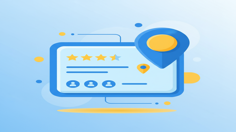 Ilustración de configuración de Google Business Profile con ficha de negocio y valoraciones