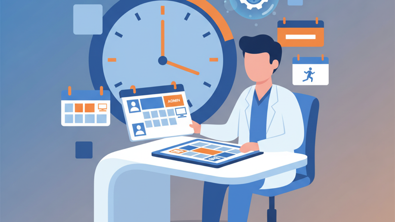 Profesional de la salud organizando su agenda con bloques de tiempo en una pantalla digital
