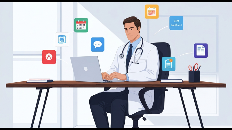 Médico autónomo en su consulta utilizando herramientas digitales gratuitas en su ordenador portátil y móvil, con iconos de calendario, diseño, mensajería y facturación