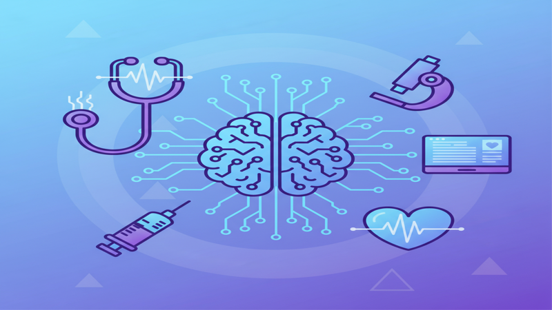 Ilustración de inteligencia artificial en sanidad con cerebro digital conectado a herramientas médicas