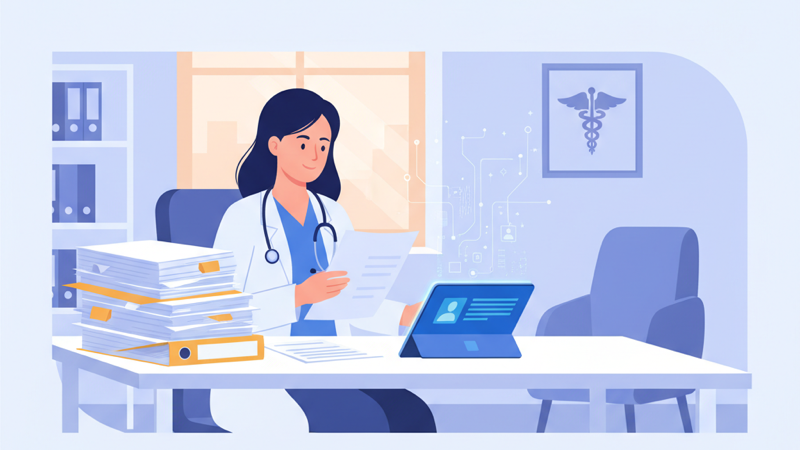 Médico organizando historiales clínicos de papel hacia una tableta digital en una consulta moderna