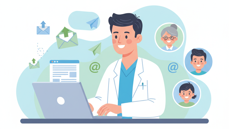 Profesional de la salud creando una newsletter médica en su ordenador con iconos de email y pacientes