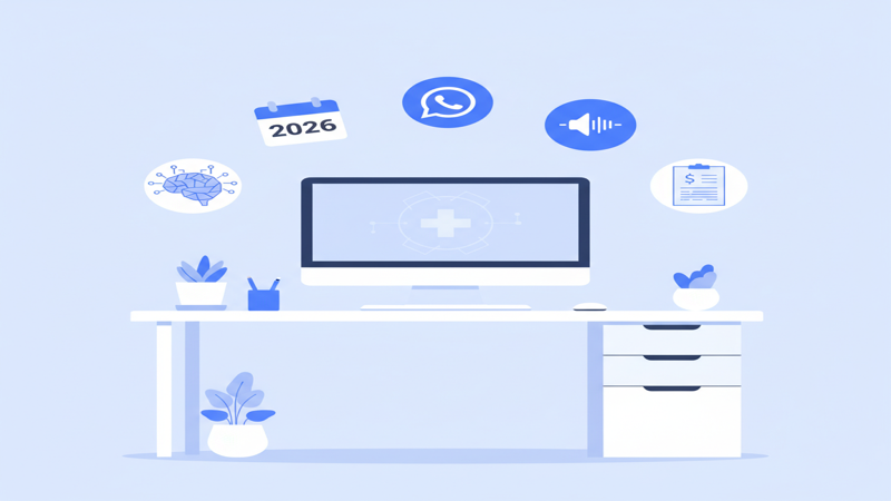Escritorio médico moderno con iconos flotantes de inteligencia artificial, calendario 2026, factura digital y voz a texto