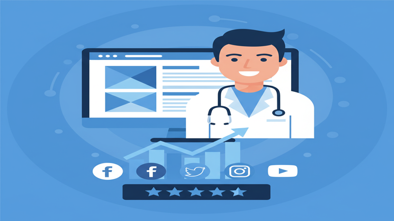 Ilustración de un médico con fuerte presencia online en 2026: web, reseñas, redes sociales y gráficos de crecimiento