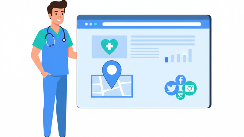 Ilustración de un médico autónomo con presencia online: web profesional, Google Business Profile y redes sociales
