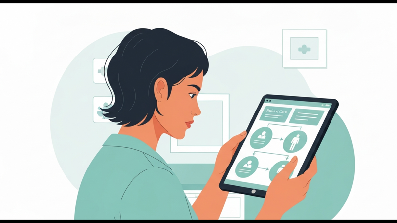 Profesional de la salud revisando un protocolo de atención al paciente digitalizado en una tableta, con un diagrama de flujo del patient journey visible en pantalla