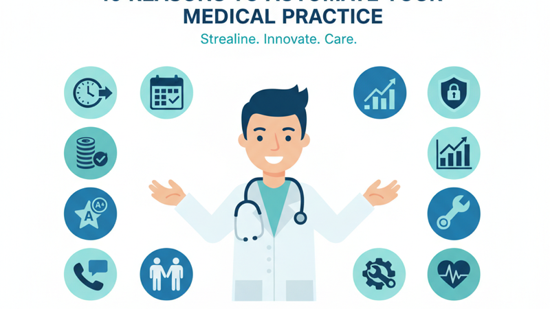 Ilustración de un médico rodeado de iconos de automatización: reloj, calendario, dinero, gráfico, escudo, teléfono, estrella, personas, engranaje y corazón