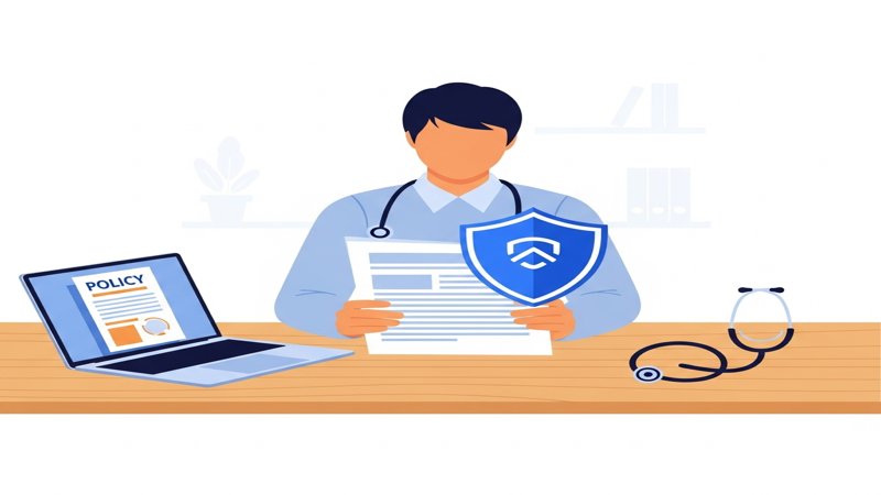 Profesional de la salud revisando un documento de póliza de seguro en su portátil con un icono de escudo protector, un estetoscopio sobre la mesa