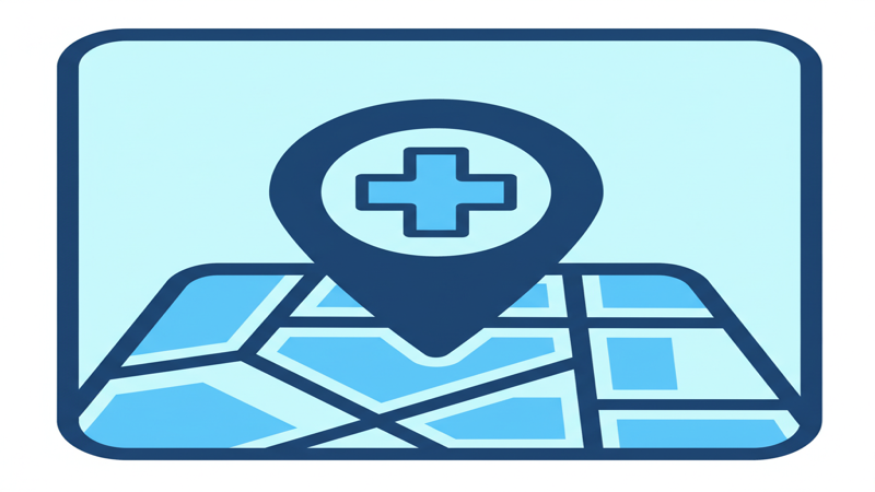 Ilustración de SEO local para consultas médicas con pin de mapa y cruz médica