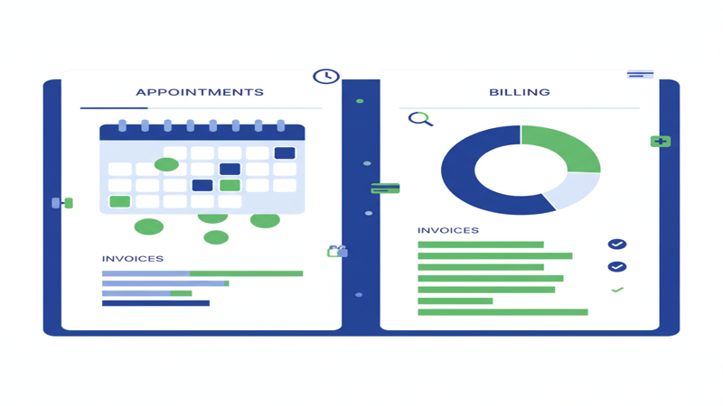 Ilustración de dashboard de gestión clínica con citas y facturación