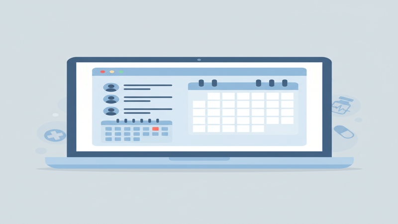 Profesional de la salud usando software médico en una consulta pequeña con pantalla de agenda y fichas de pacientes