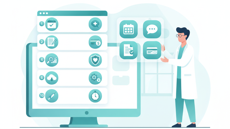 Ilustración de un médico revisando un dashboard con herramientas de automatización ordenadas en un ranking