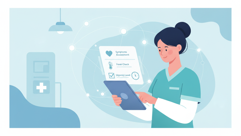Profesional de la salud revisando un sistema de triaje digital en una tablet con un flujo de priorización de pacientes