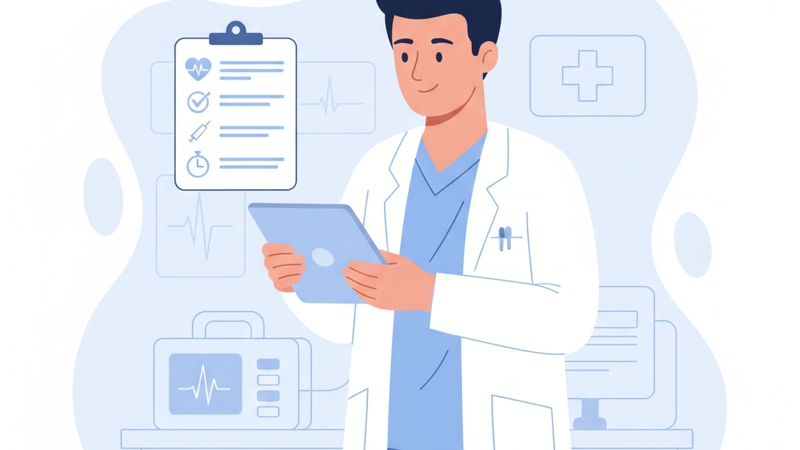 Ilustración de protocolo digital de urgencias en consulta médica