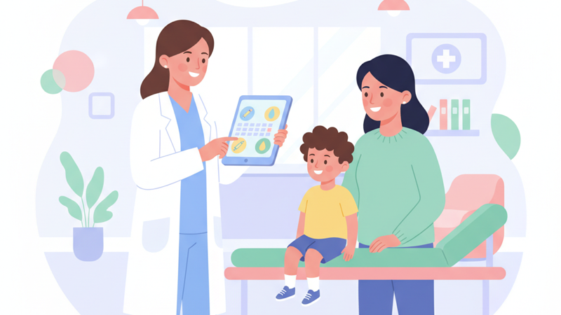 Ilustración de un pediatra revisando un calendario de vacunaciones digital en una tablet