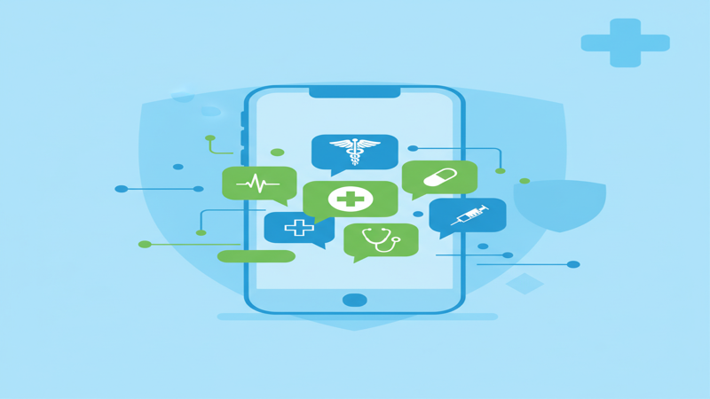 Ilustración de WhatsApp Business para consultas médicas con burbujas de chat y símbolos sanitarios