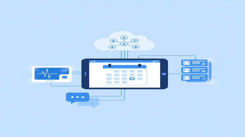 Ecosistema de automatización médica con dispositivos conectados, calendario, chat y gestión de pacientes