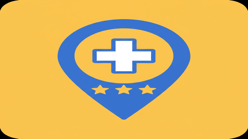 Pin de Google Maps con cruz médica y reseñas de estrellas